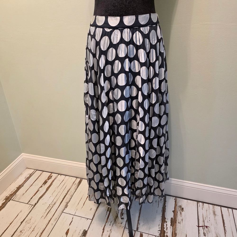 Abbey Glass Navy Blue Silver Polka Dot Pleated Maxi Skirt Size Large L Zipper